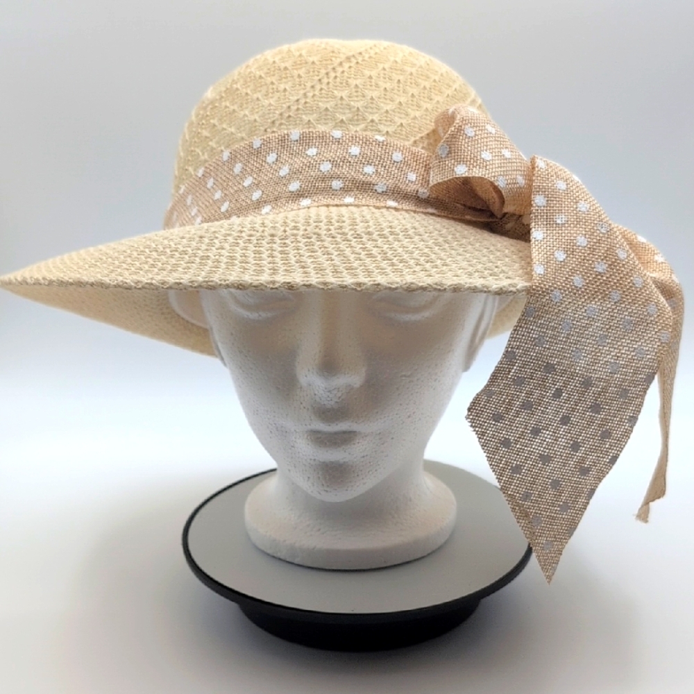 Elegant Cream Sun Hat With Brown Polka Dot Bow